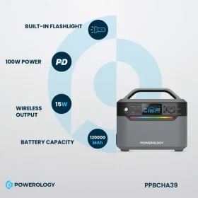 پاور ژنراتور برق قابل حمل پاورولوجی با ظرفیت ۱۲۰۰۰۰ میلی‌آمپر ساعت